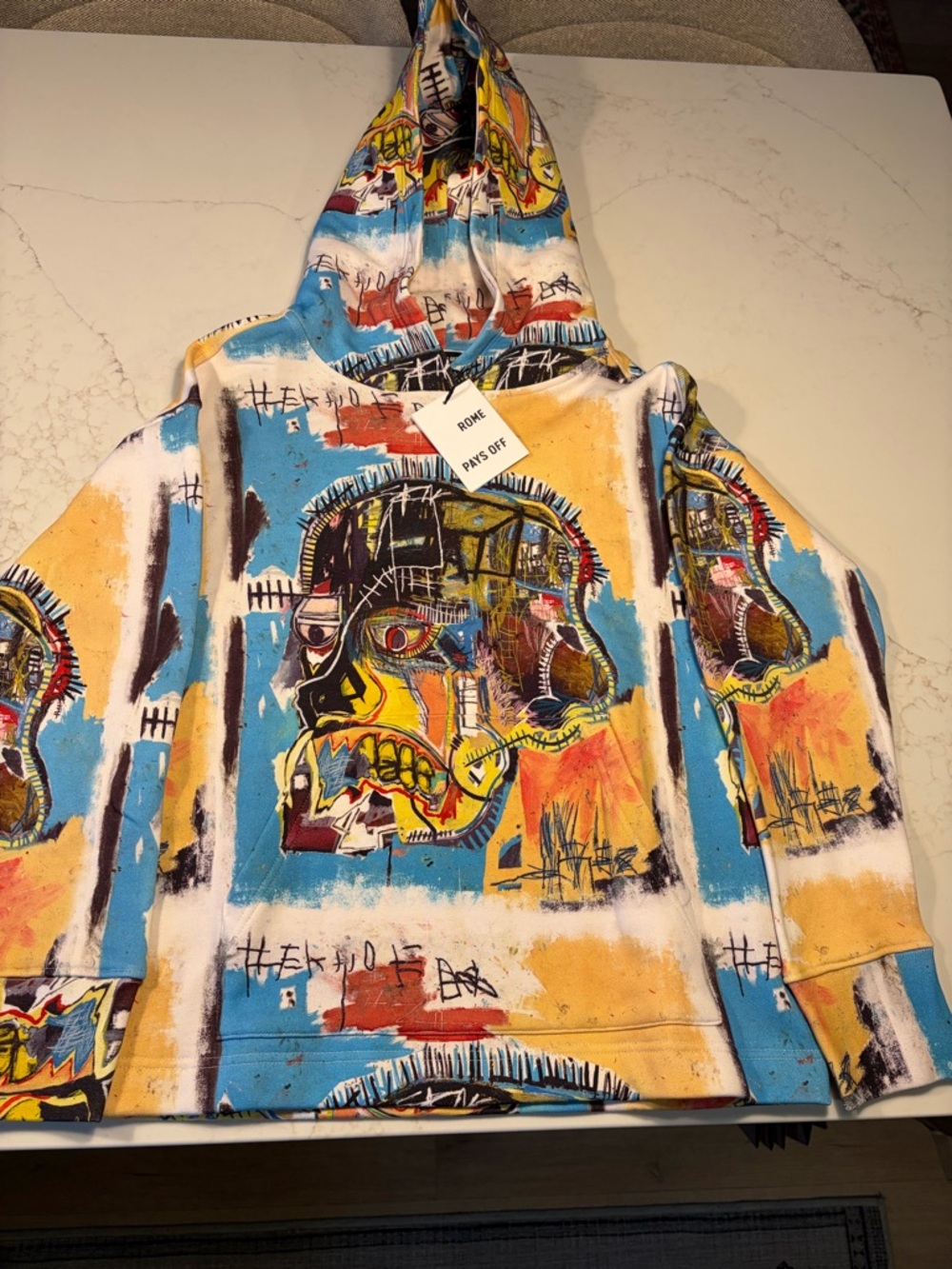 Basquiat Graphic Hoodie in Blue, Yellow & White